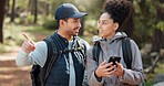 Couple, hiking and selfie, outdoor and travel, black woman and man together out in nature with technology and backpacking in woods. Hiker on adventure, relationship and photo with smartphone.