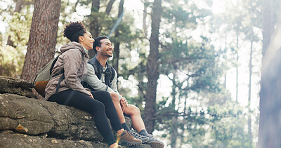 Nature, hiking and a couple relax on adventure trail in forest and sitting on a rock. Health, happy man and woman pointing at natural landscape while relaxing in woods with trees, fitness and freedom