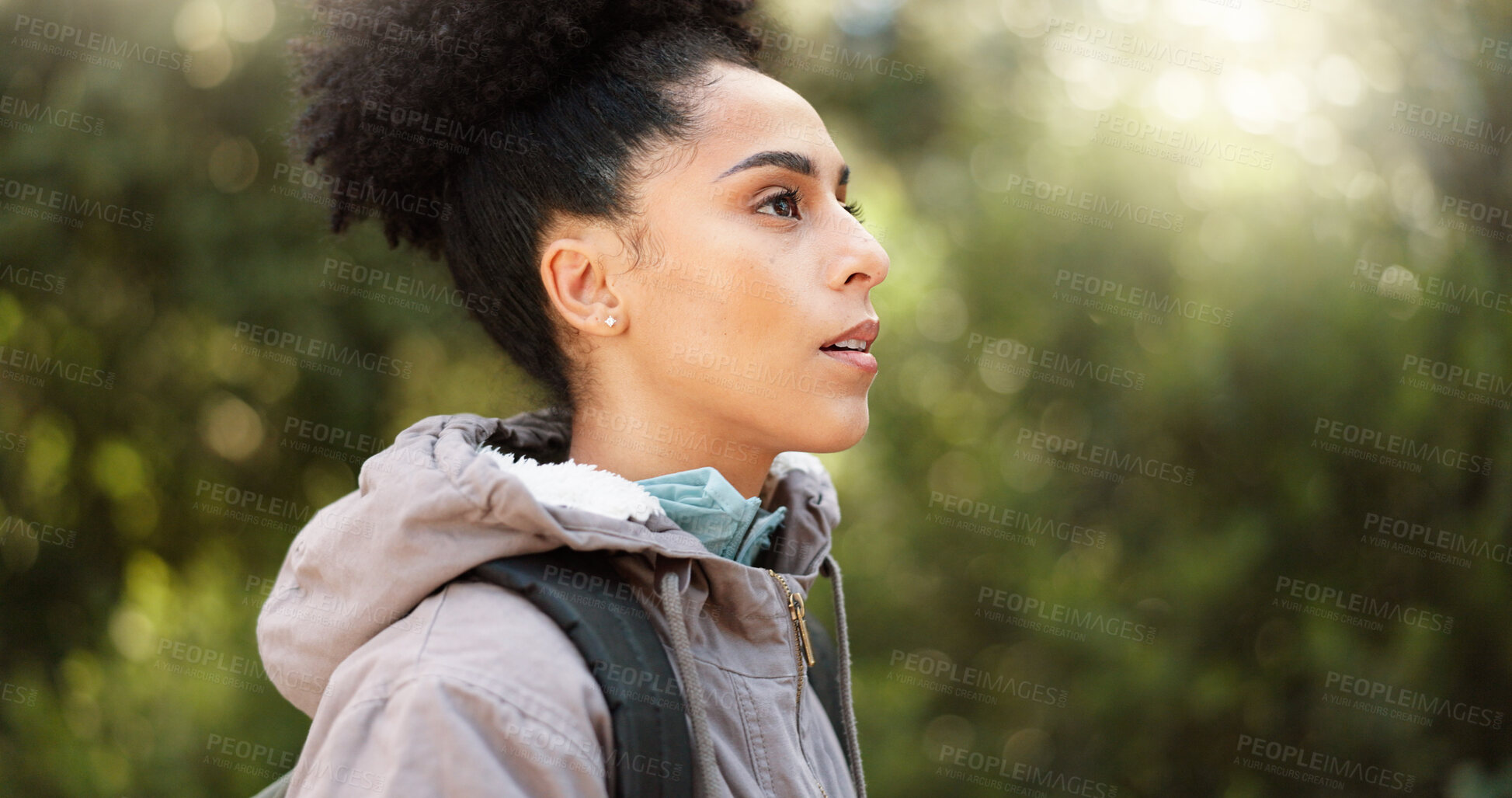 Buy stock photo Hiking, thinking and adventure with a woman in nature, sightseeing while walking on a trail outdoor. Freedom, travel and health with african female hiker out for discovery, fitness and explore space