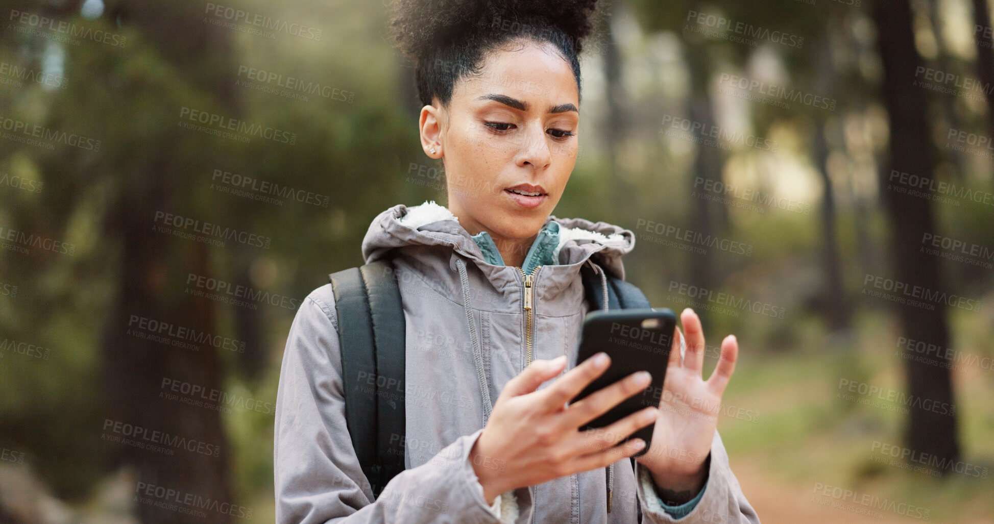 Buy stock photo Phone, hiking and woman in nature for a gps location, travel and freedom in mountains of Peru during a holiday. Search, thinking and person with smartphone for communication while trekking in forest