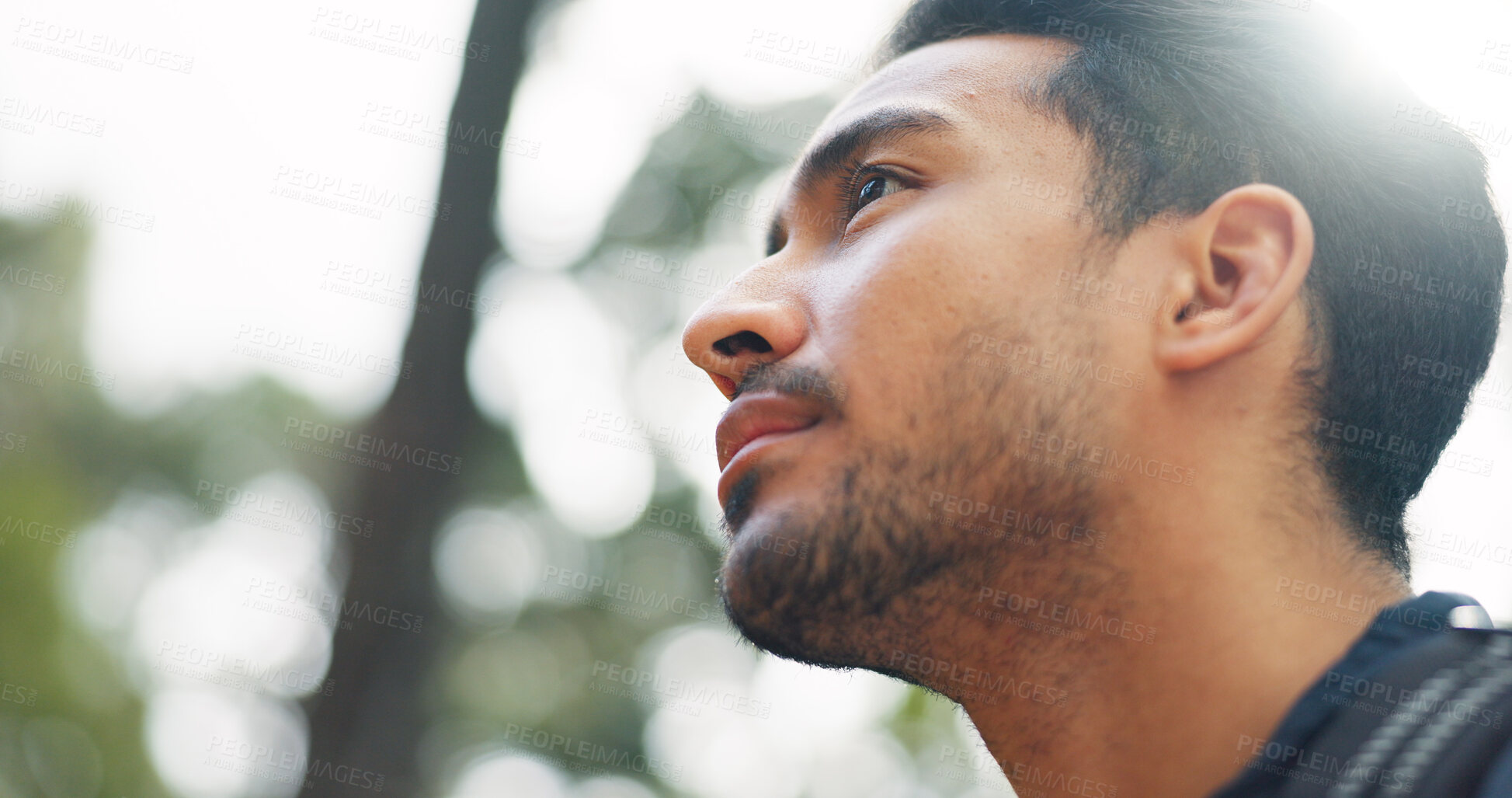 Buy stock photo Hiking, thinking and man with travel, nature and adventure with fitness, breathing or fresh air. Healthy person, forest or hiker outdoor, lens flare or exploration with sunshine, adventure or workout