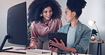 Computer, black african american woman or manager coaching, training or helping an employee with mentorship at office desk. Leadership, collaboration or worker with a question talking or speaking of digital marketing