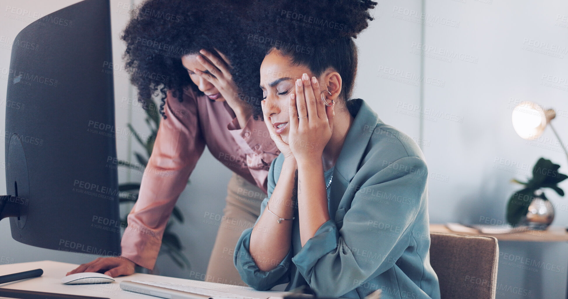 Buy stock photo Computer crash, headache and woman with manager helping an employee at office desk with problem. 404 issue, sad and anxiety of worker with a question and coding glitch with burnout from tech work 