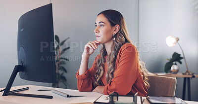 Business woman, thinking and focus with computer and working, reading and research for company proposal, typing and writing report. Corporate employee, keyboard and computer screen in office