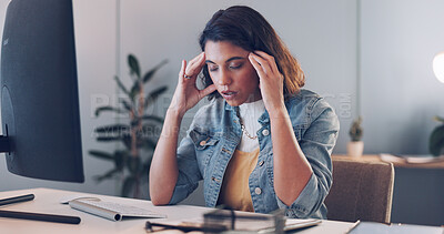 Headache, computer or woman copywriting with stress, burnout or mental health problems at office desk. Migraine, anxiety or employee in pain while working on digital marketing content or media post