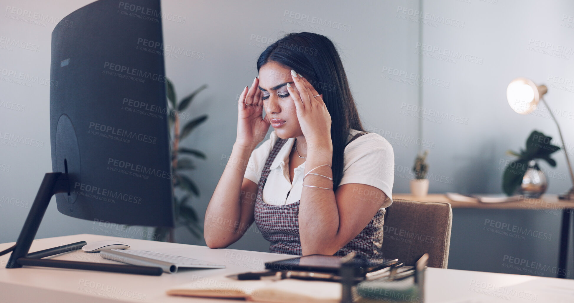 Buy stock photo Young woman, stress and headache on computer for marketing research, copywriting deadline and editing at night. Business person, worker or writer with pain, migraine and tired at advertising agency