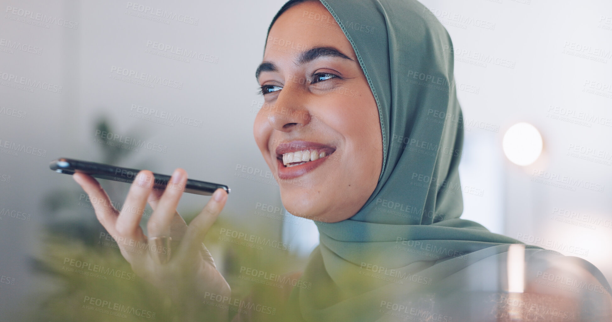 Buy stock photo Islamic woman, phone call and talking in office for mobile communication, business conversation and happy employee. Face of muslim worker, hijab and speaking on smartphone in startup company in Dubai