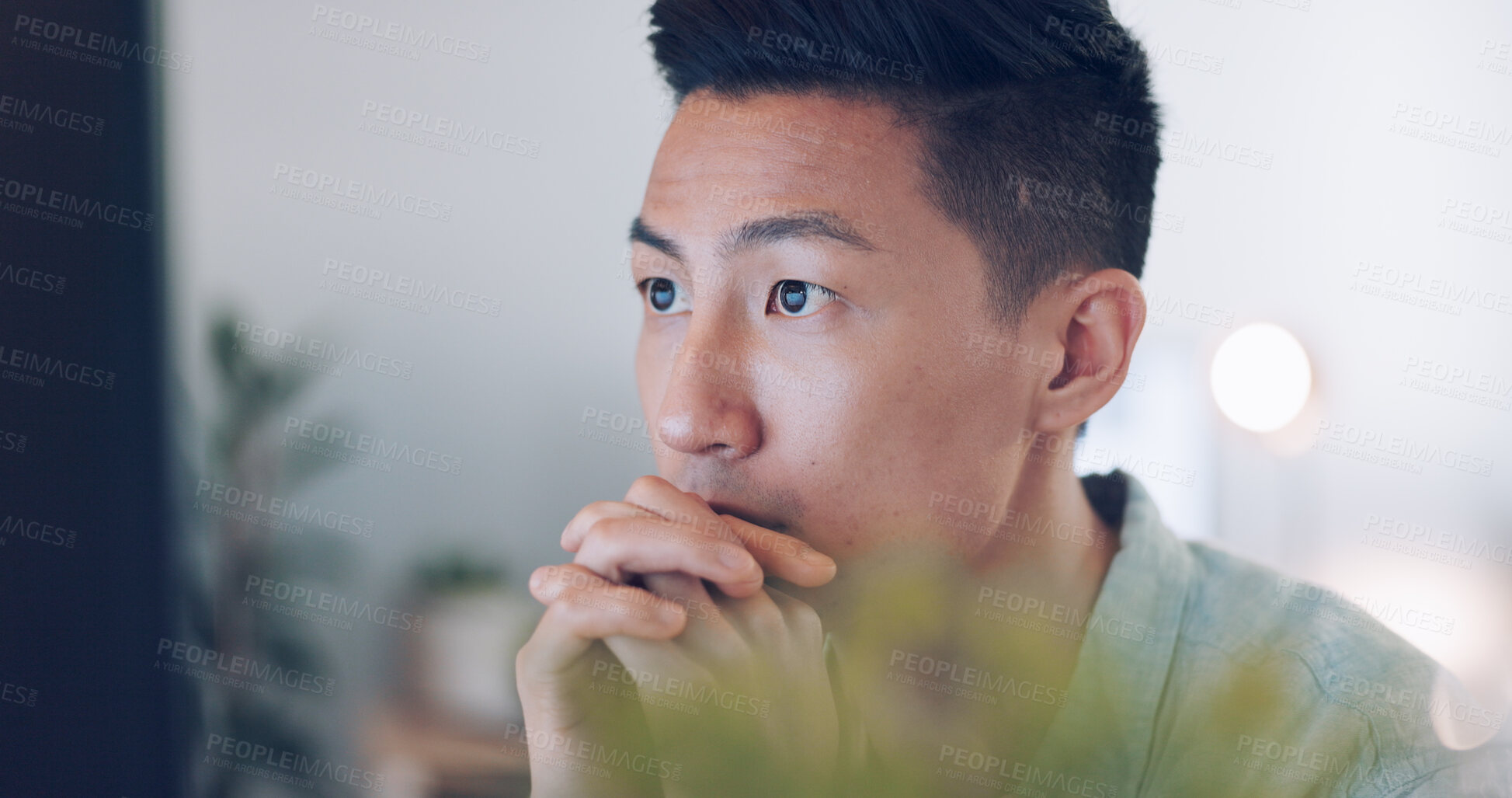 Buy stock photo Business, thinking and Asian man with ideas, computer and research with solution, review and opportunity. Japanese person, consultant and employee with a pc, decision and choice with problem solving