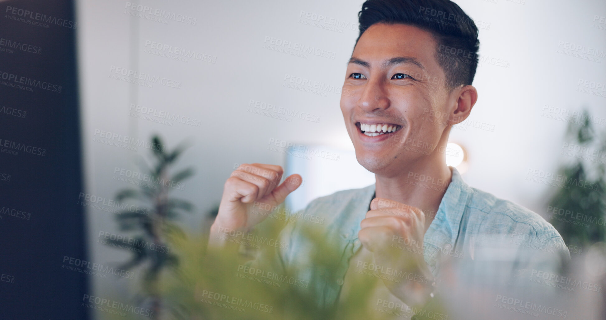 Buy stock photo Happy asian man, fist pump and celebration in winning, promotion or corporate deal at office. Excited creative male person or freelancer smile in success for achievement, goal or target in startup