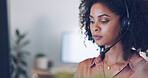 Communication, computer or black woman on a video call in call center consulting, networking or helping with advice. Contact us, wave or happy African American mixed race black worker talking, conversation or speaking online