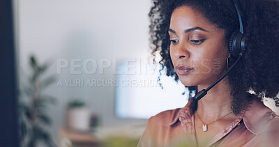 Buy stock photo Business woman, call center and communication, customer services and e commerce solution in office mockup. Professional african person, agent or consultant at telecom agency for sales and marketing