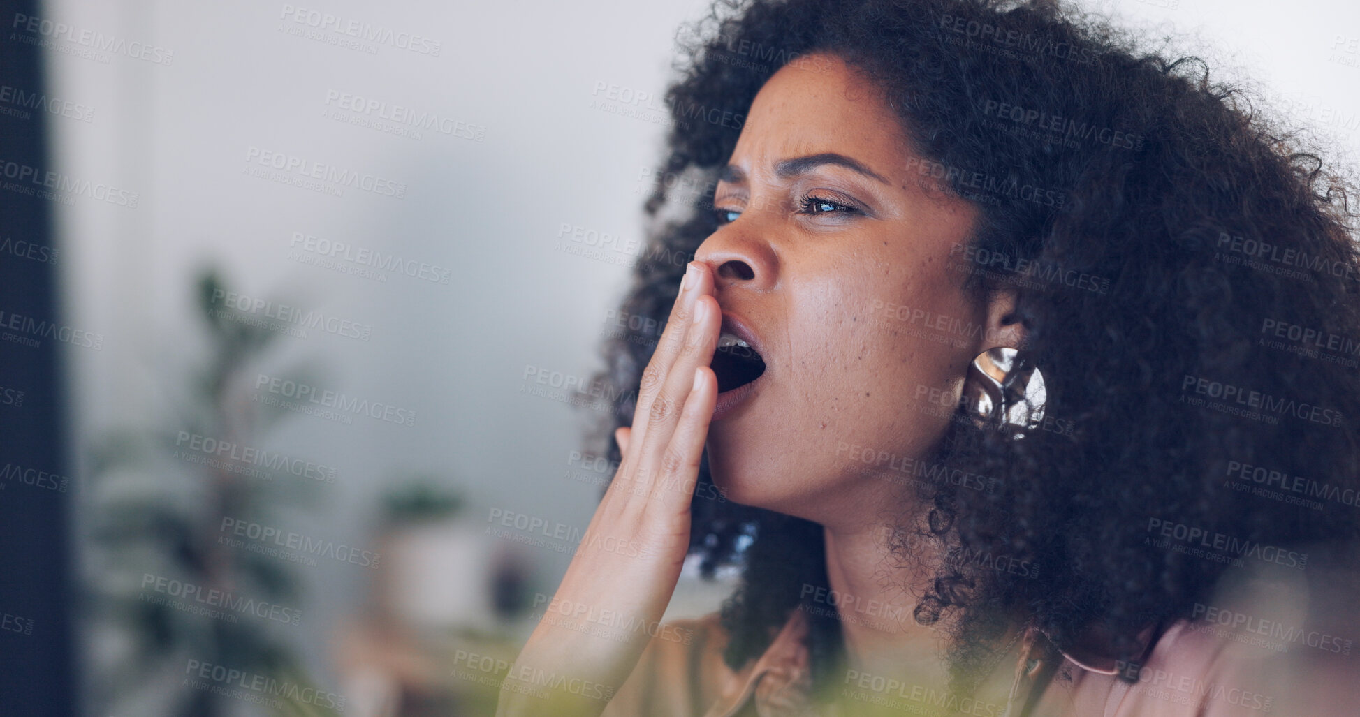 Buy stock photo Woman yawn, tired and office with hand on face with online work and anxiety at company. Sleepy, worker and computer with career burnout and working stress at digital design agency in a office