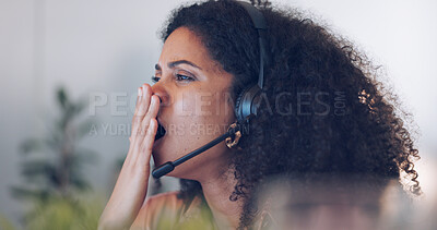 Customer service, tired and woman yawning in call center office on night shift. Fatigue, working late and face of African American mixed race black woman, consultant and female sales agent yawn while telemarketing in workplace
