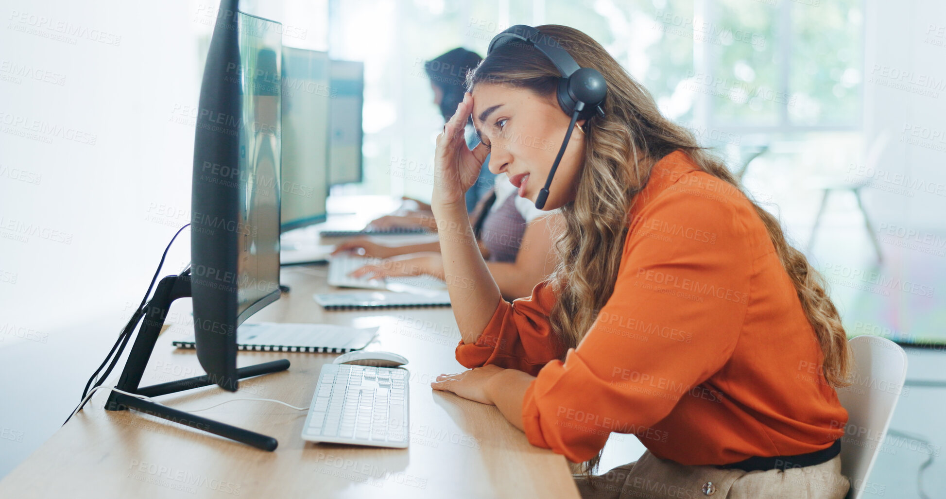 Buy stock photo Woman, call center and headache in burnout, stress or mistake in customer service or support at office. Frustrated female person or consultant agent and migraine, mental health or anxiety on computer