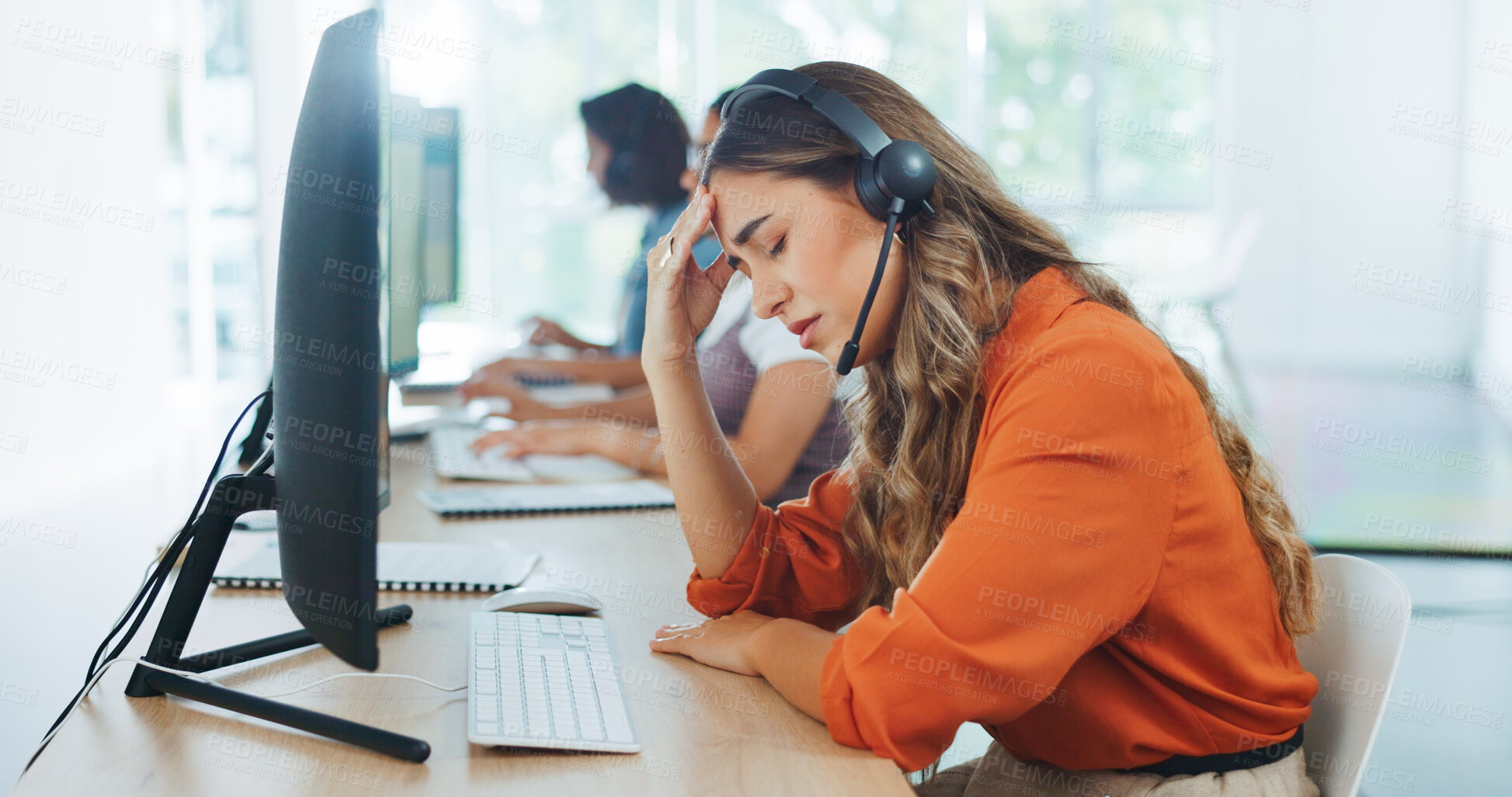 Buy stock photo Woman, call center and headache in stress, mistake or burnout in customer service or support at office. Frustrated female person or consultant agent and migraine, mental health or anxiety on computer