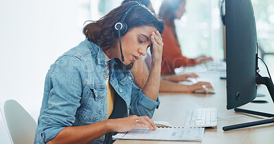 Stress, headache and burnout woman at call center, feeling tired or exhausted. Mental health, anxiety or female sales agent, consultant or telemarketing employee with depression or migraine in office