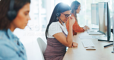 Headache, stress and woman call center consultant working with a burnout in a coworking office. Migraine, frustrated and overworked female telemarketing agent consulting online for ecommerce sales.