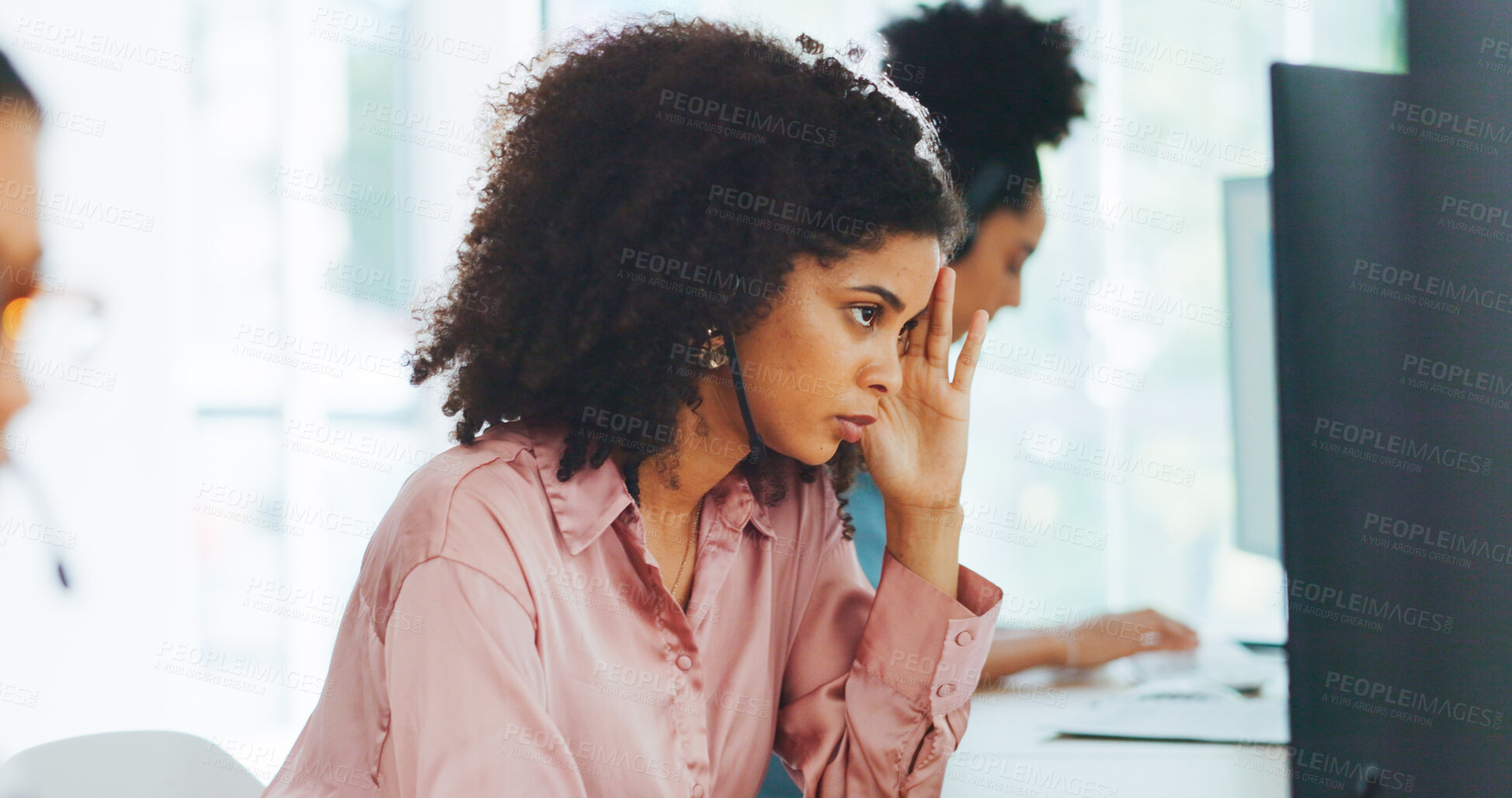 Buy stock photo Call center headache, office and woman frustrated with customer service problem, computer glitch or 404 error. Mental health, profile and agent with migraine, telemarketing risk or tech support fail