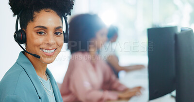 Black woman, call center and contact us with CRM and portrait in office with smile and professional in customer service or telemarketing. Customer support, work at desk and headphone with microphone.