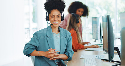 Black woman, call center and contact us with CRM and portrait in office with smile and professional in customer service or telemarketing. Customer support, work at desk and headphone with microphone.