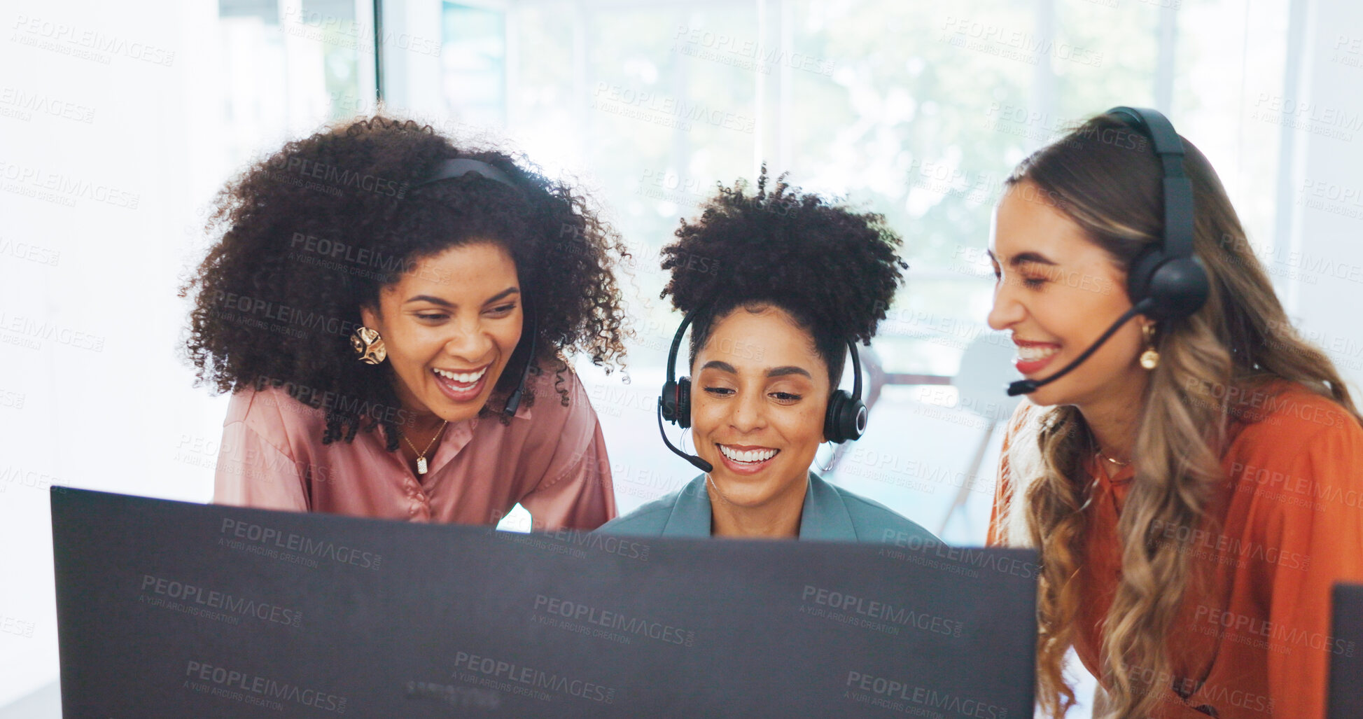 Buy stock photo Telemarketing, women laughing and office with customer service, call center and contact us work with smile. Teamwork, crm and phone consulting in agency with working and happy at desk with workers