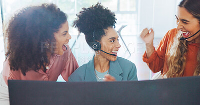 Call center, high five and business people applause for success, telemarketing sales or achievement. Teamwork, customer service and group of women clapping in celebration of victory, goals or targets