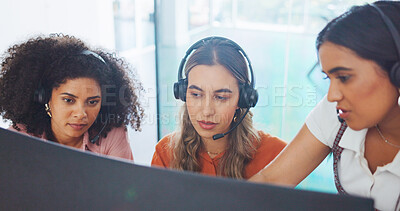 Business, women and call center with employee, manager and conversation for process, system and workplace. Female agents talking, headset and coworkers for customer support, telemarketing and support