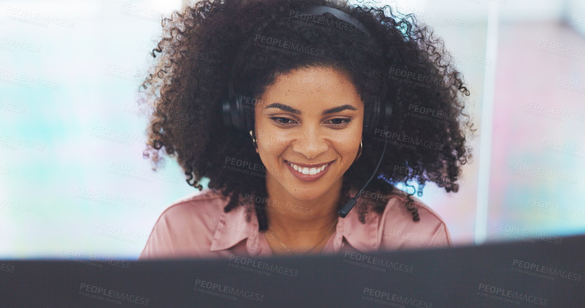 Buy stock photo Call center, smile and consulting with business woman for receptionist, customer service and help desk. Technical support, telemarketing and communication with person in office for contact and crm