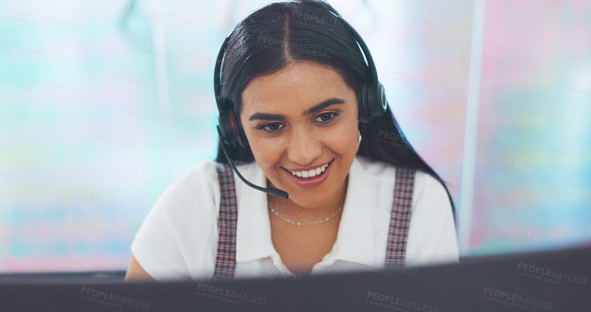 Buy stock photo Call center, smile and customer service with business woman for consulting, receptionist and help desk. Technical support, telemarketing and communication with person in office for contact and crm