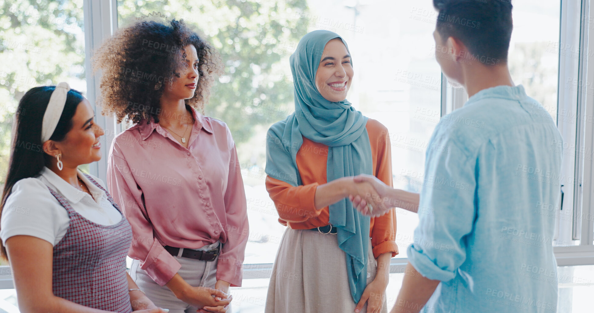 Buy stock photo Handshake, teamwork and diversity with business people in office for success, support and thank you. Celebration, community and meeting with employees and promotion for motivation, welcome and deal