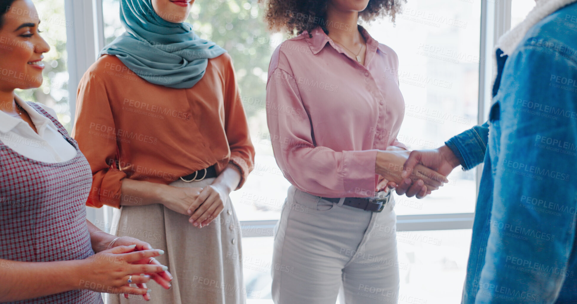 Buy stock photo Handshake, success and deal with hands of business people in office for teamwork, support and thank you. Celebration, contract and meeting with closeup of employees for welcome and promotion