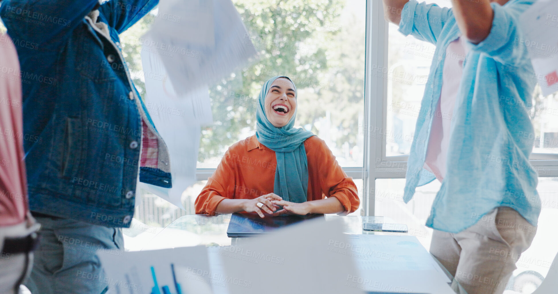 Buy stock photo Muslim woman, celebration and business people with documents in air for success, victory and winning. Teamwork, happy and excited men and women throw paperwork for kpi goals, bonus and startup growth