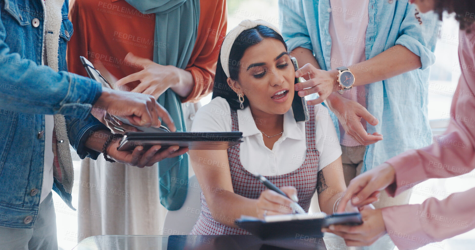 Buy stock photo Stress, phone call and overworked and business with woman and signature for documents, anxiety and multitasking. Schedule, deadline and burnout with person in office for workflow, frustrated or chaos