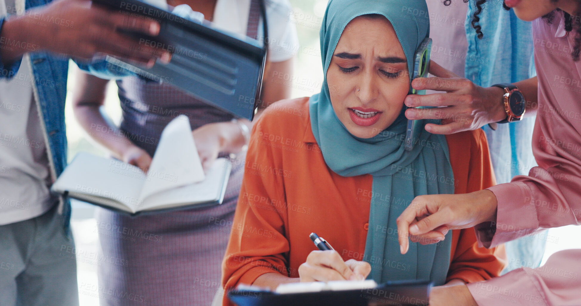 Buy stock photo Stress, chaos and signature with business muslim woman for documents, anxiety and multitasking. Schedule, deadline and burnout with person in office for workflow, frustrated and time management