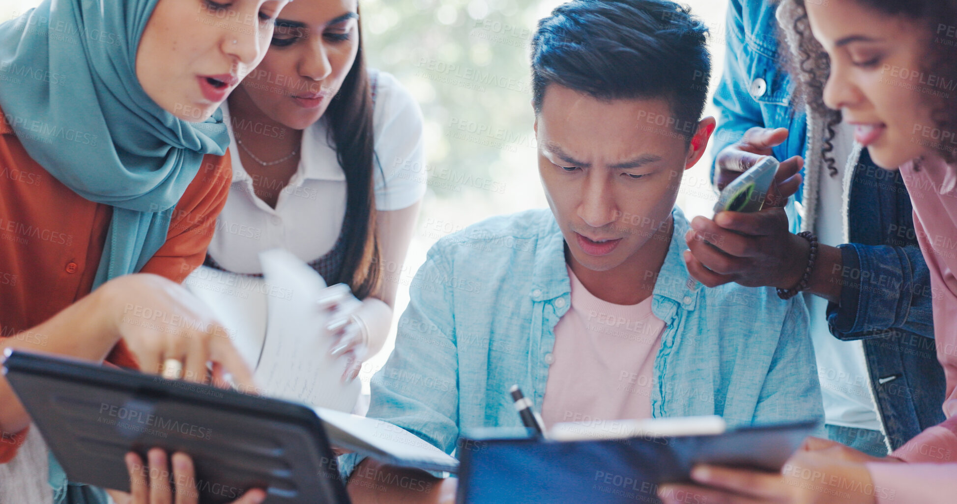 Buy stock photo Stress, chaos and deadline with business Asian man for documents, anxiety and multitasking. Schedule, overworked and burnout with person in office for workflow, frustrated and time management