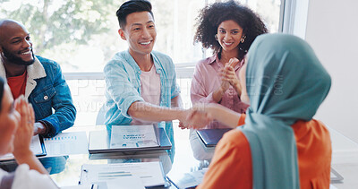 Handshake, success or happy employees meeting kpi goals, bonus achievement or sales target in office. Muslim, black woman or black man shaking hands with Japanese worker clapping for a business deal