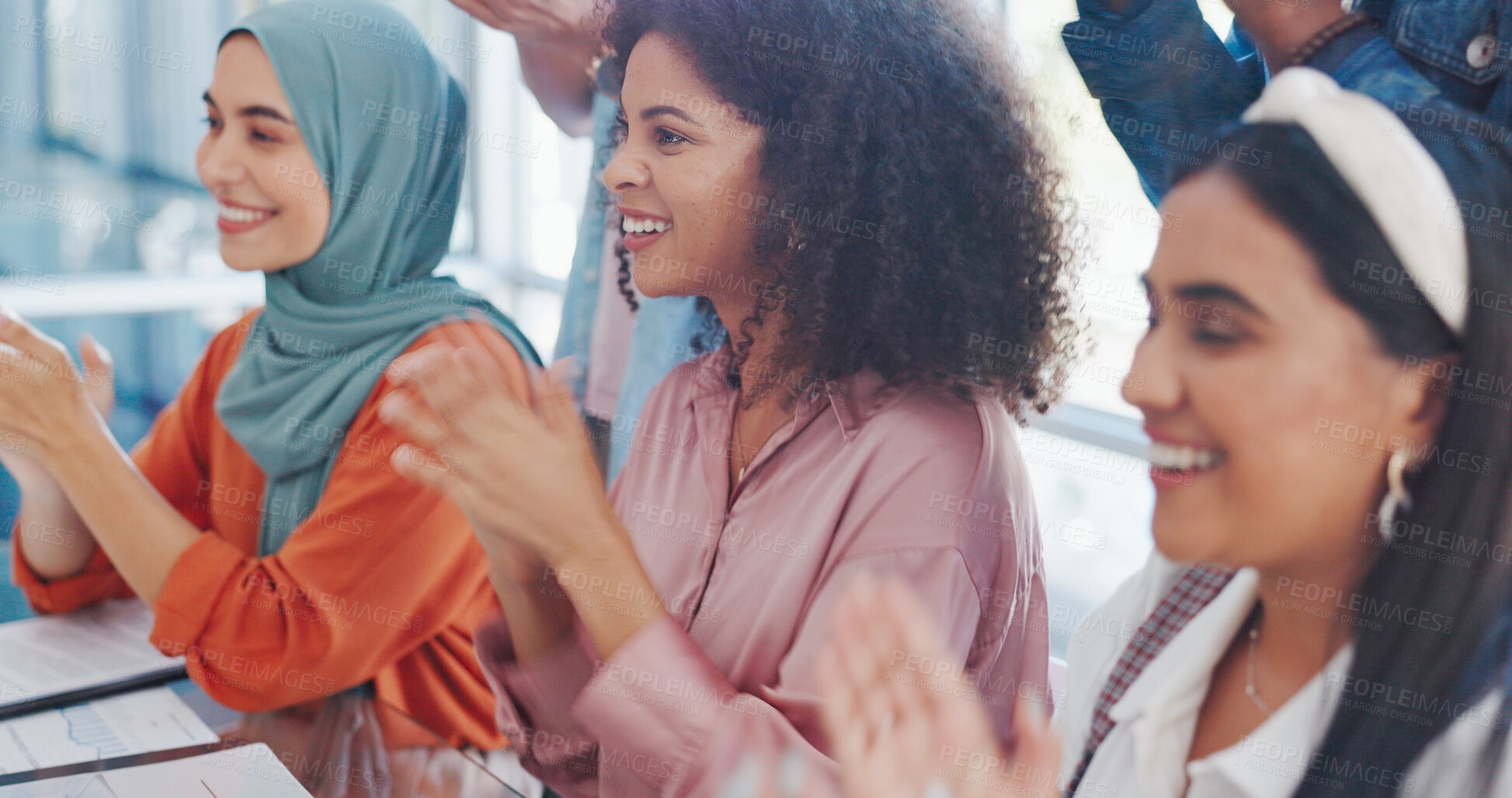 Buy stock photo Business women, applause and office workshop, training or seminar success for creative growth, deal and achievement. People, clapping and winner teamwork in celebration for inclusive startup meeting