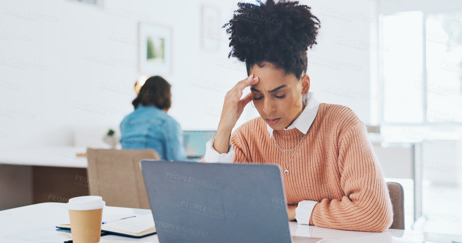 Buy stock photo Business woman, laptop and headache in burnout, stress or mistake in mental health or overworked at office. Frustrated female person on computer with anxiety, migraine or depression at workplace