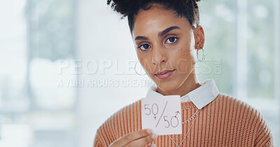 Buy stock photo Income, equality and portrait of woman with paper in business for equal pay, protest and numbers on poster for feminism. Fair, opportunity and symbol for gender equity and human rights in workplace