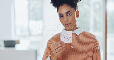 Buy stock photo Gender, equality and portrait of woman with paper in business for equal pay, protest and numbers on poster for feminism. Fair, opportunity and symbol for income equity and human rights in workplace