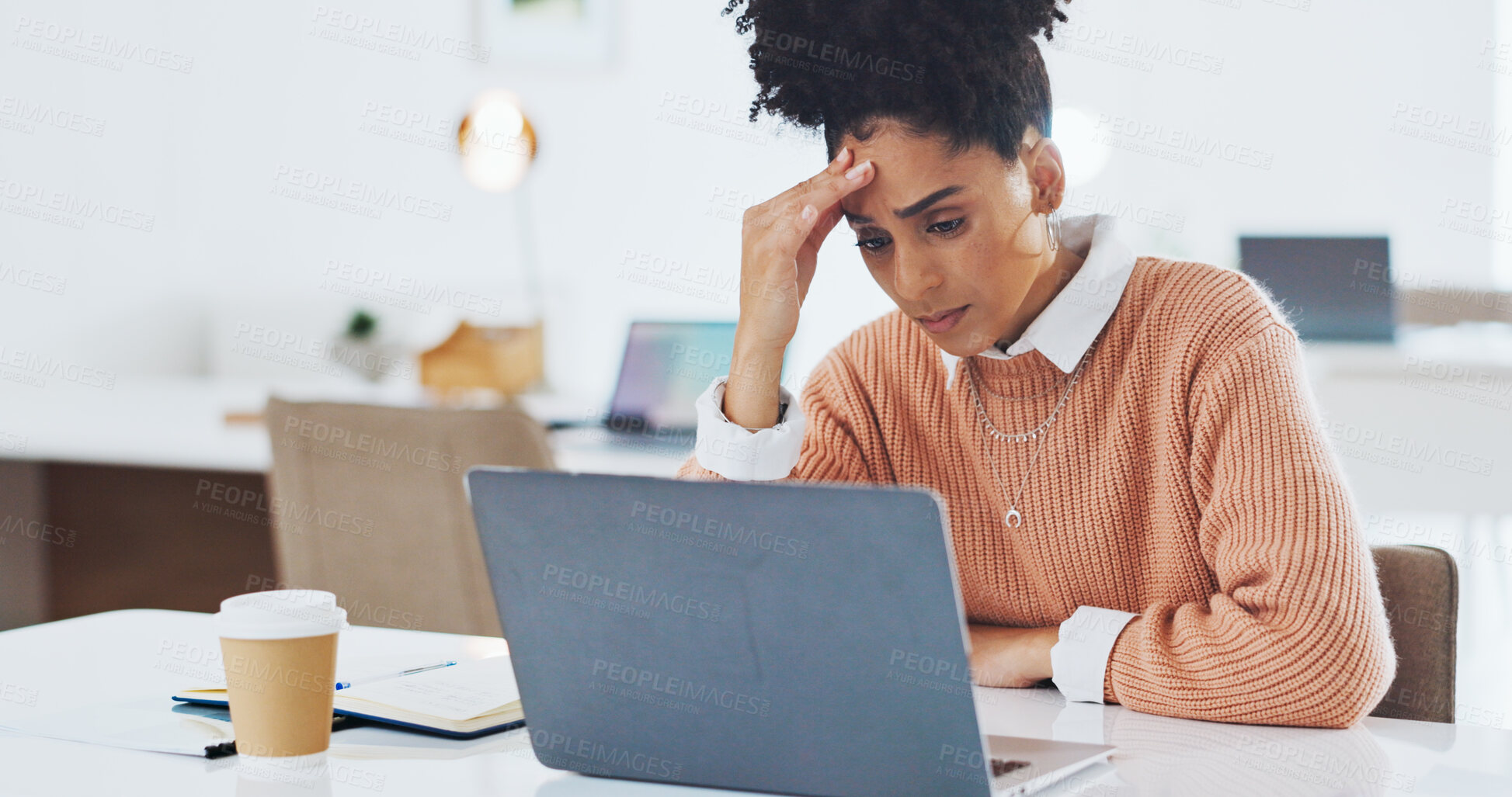 Buy stock photo Business woman, laptop and stress in mistake, burnout or anxiety in mental health or overworked at office. Frustrated female person on computer with headache, migraine or depression at workplace