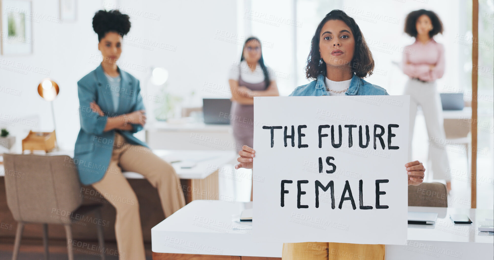 Buy stock photo Women with sign, portrait and future, gender equality in workplace with human rights, justice and change. Revolution, professional inclusion for equal pay with empowerment, feminism and protest