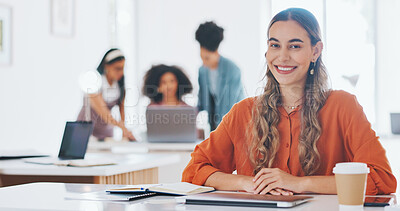 Corporate woman, smile and face in office for vision, success and goals at digital marketing startup. Woman, desk and happy in portrait for seo, marketing and goals in modern office in San Francisco