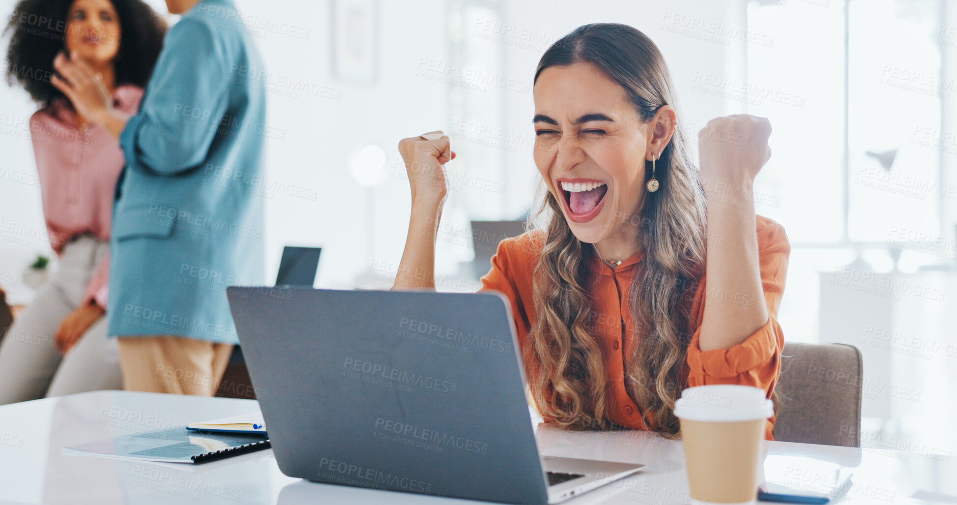 Buy stock photo Success, happy and laptop with business woman in office for news, celebration and winner. Promotion, growth and target with employee and fist pump in creative agency for achievement, profit and goals