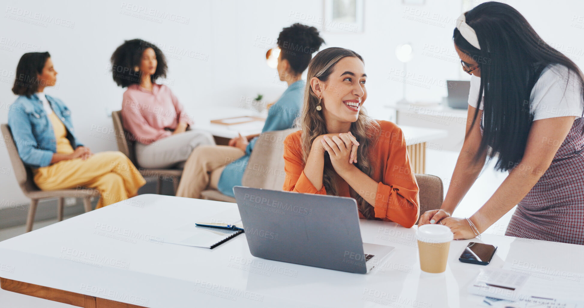 Buy stock photo Happy, talking and coworking employees in an office for communication, meeting or discussion. Smile, friends and business woman at a desk for an email on a laptop, training or advice in an office