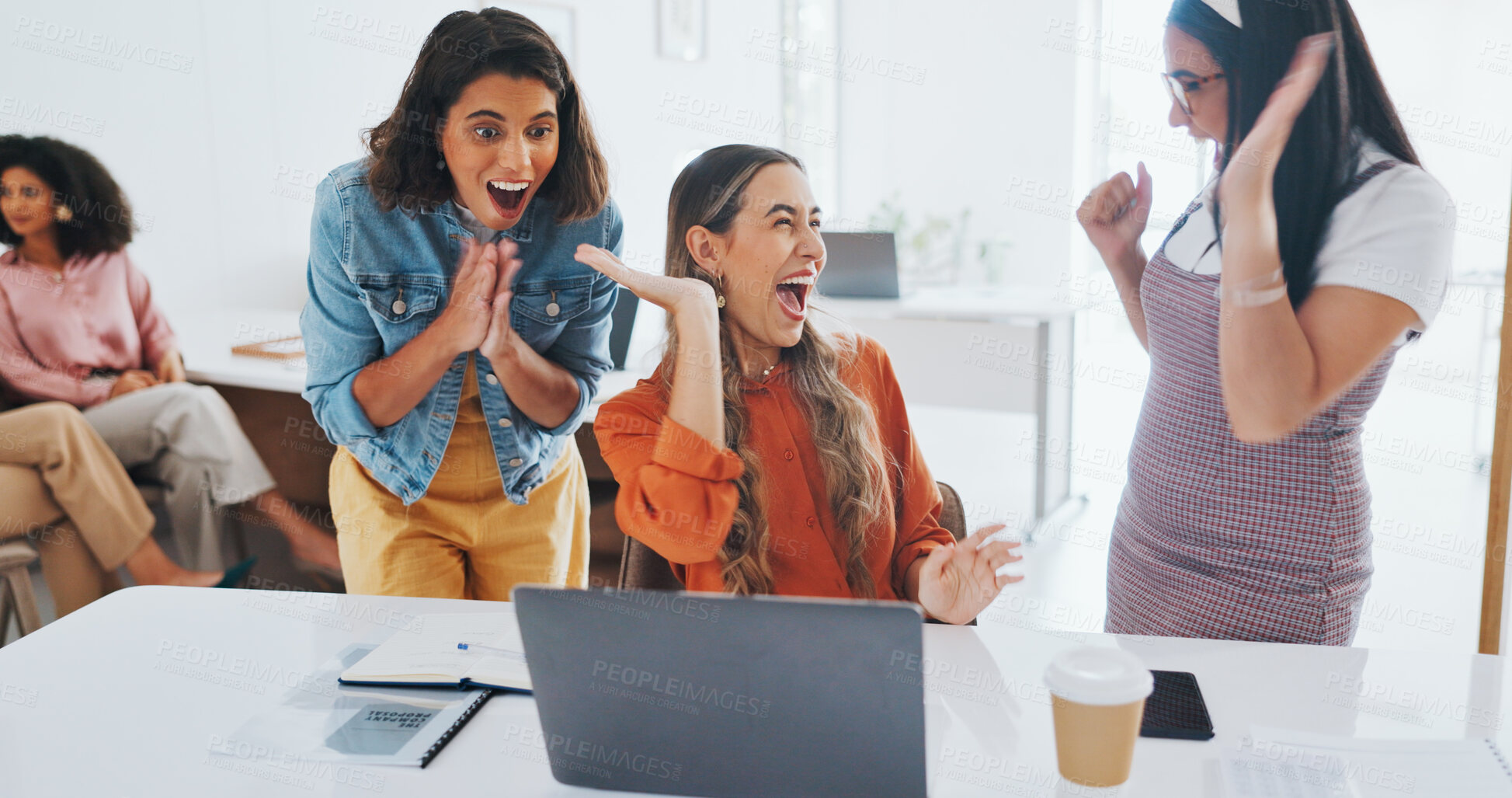 Buy stock photo Success, teamwork and high five with business people and laptop for bonus, celebration or winner. Promotion, growth and target with women and cheers in office for achievement, profit or goal together