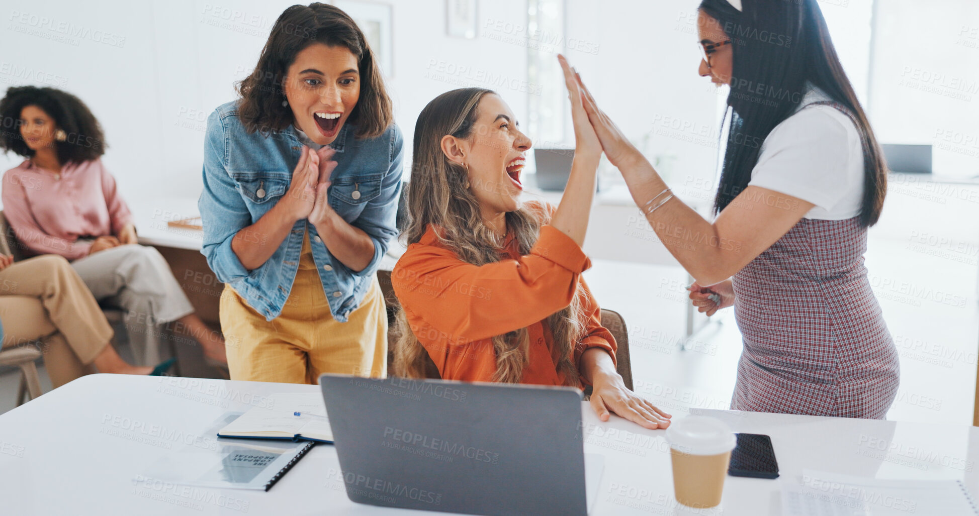 Buy stock photo Support, teamwork and high five with business people and laptop for bonus, celebration or winner. Promotion, growth and target with women and cheers in office for achievement, profit or goal together