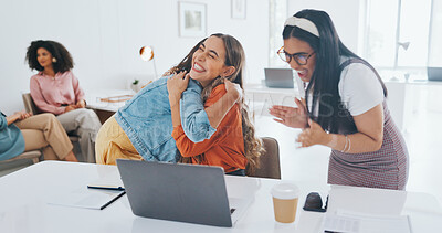 Laptop, success or women high five at work in celebration of digital marketing sales goals or kpi target. Happy, winner or excited employees hugging to celebrate bonus, business growth or achievement