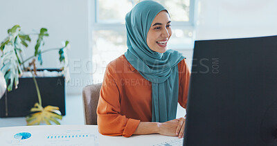 Corporate muslim woman, wave and video call with computer, smile and online communication in office. Islamic crm expert, pc and waves with happiness for meeting on app, internet and focus in Beirut