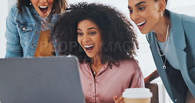 Laptop, success or women high five at work in celebration of digital marketing sales goals or kpi target. Happy, winner or excited employees hugging to celebrate bonus, business growth or achievement
